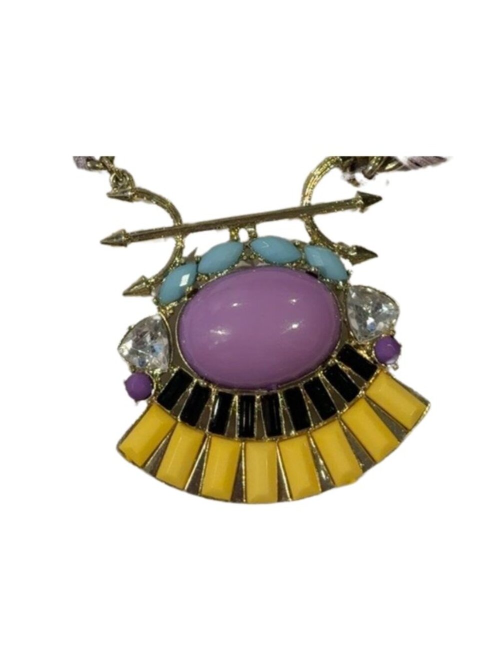 Colorful Gold Tone Statement Necklace Purple Yellow Blue Rhinestone Pendant